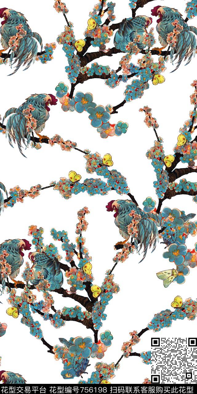 生肖鸡树枝花卉旗袍数码印花华亿平台下载（图片编号: 756198） - 瓦栏（Walan）