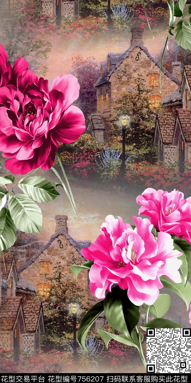 欧式建筑风景画花卉数码印花华亿平台下载（图片编号: 756207） - 瓦栏（Walan）