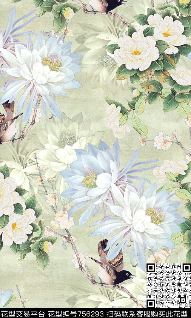 大花小碎花国画花卉、水墨肌理数码印花华亿平台下载（图片编号: 756293） - 瓦栏（Walan）
