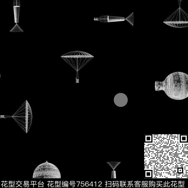黑底趣味几何数码印花华亿平台下载（图片编号: 756412） - 瓦栏（Walan）