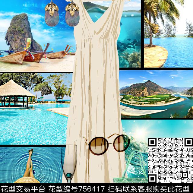 风景沙滩夏威夷数码印花华亿平台下载（图片编号: 756417） - 瓦栏（Walan）