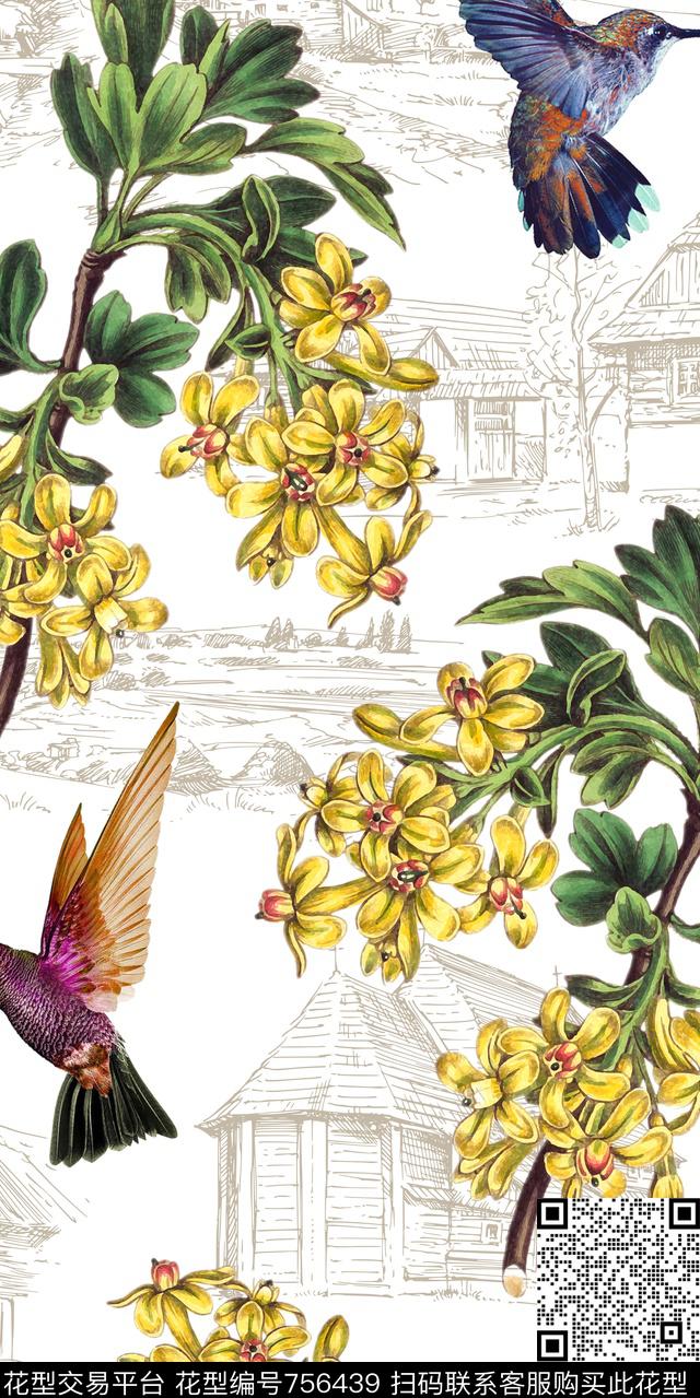 田园风农庄鸟类花卉数码印花华亿平台下载（图片编号: 756439） - 瓦栏（Walan）