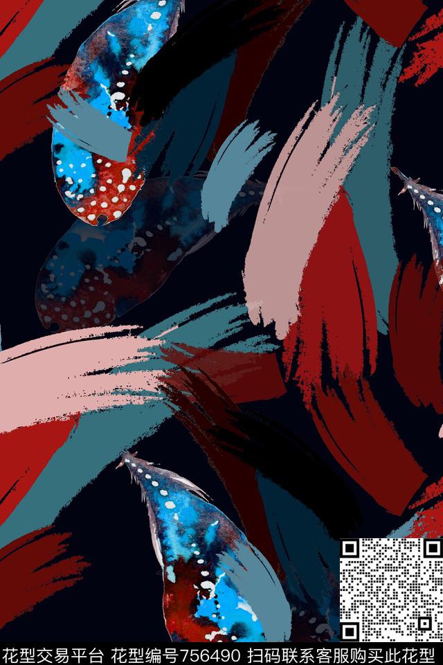 艺术笔触羽毛趣味数码印花华亿平台下载（图片编号: 756490） - 瓦栏（Walan）