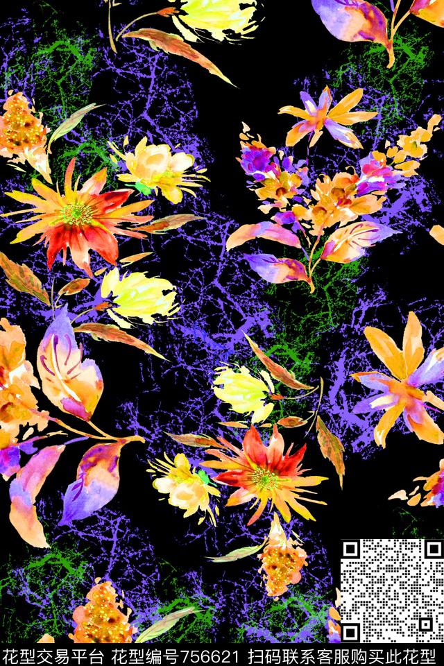 大花花朵花卉数码印花华亿平台下载（图片编号: 756621） - 瓦栏（Walan）