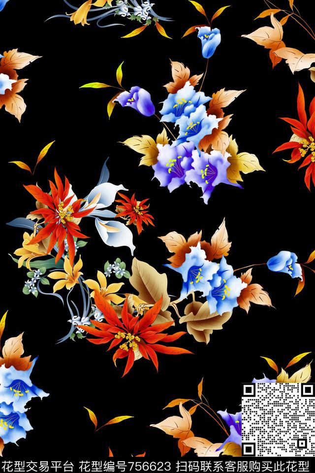 大花花朵花卉数码印花华亿平台下载（图片编号: 756623） - 瓦栏（Walan）