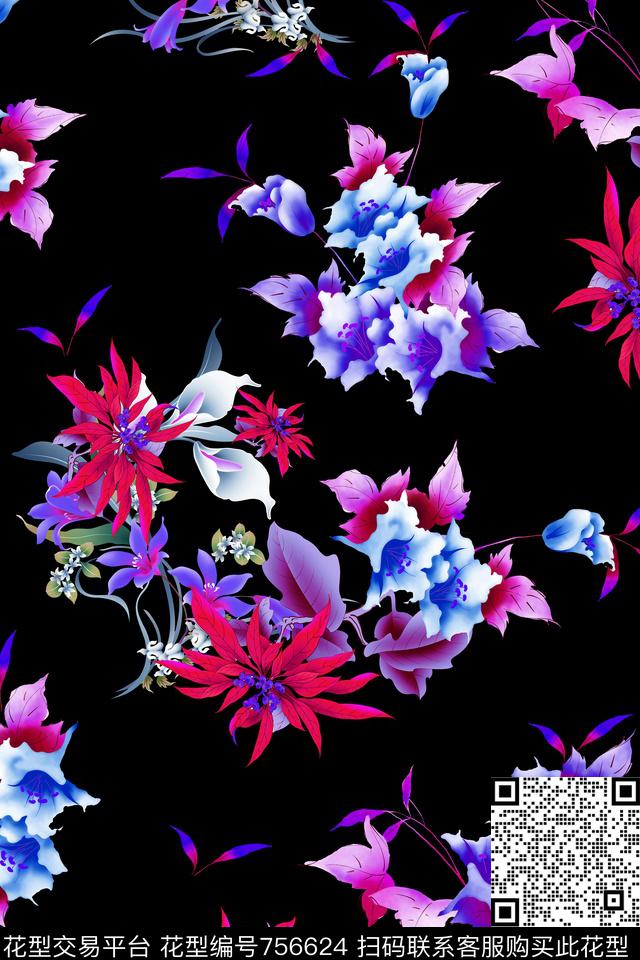 大花花朵花卉数码印花华亿平台下载（图片编号: 756624） - 瓦栏（Walan）