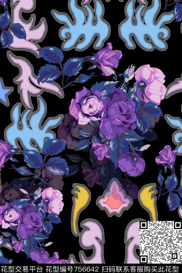 民族风玫瑰花卉传统印花华亿平台下载（图片编号: 756642） - 瓦栏（Walan）