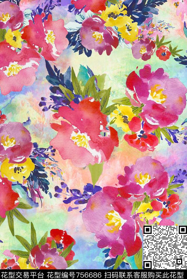 手绘水彩花卉叶子数码印花华亿平台下载（图片编号: 756686） - 瓦栏（Walan）