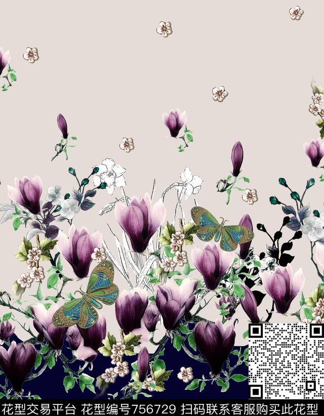 刺绣蝴蝶玉兰花数码印花华亿平台下载（图片编号: 756729） - 瓦栏（Walan）