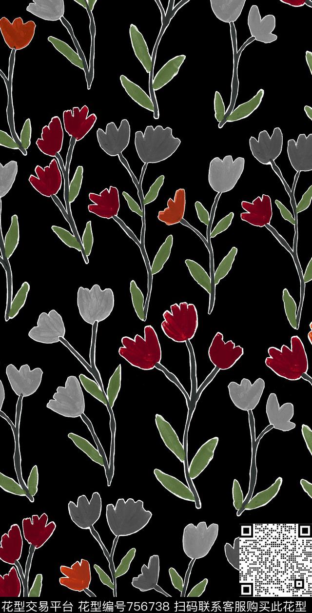 玫瑰手绘数码印花华亿平台下载（图片编号: 756738） - 瓦栏（Walan）