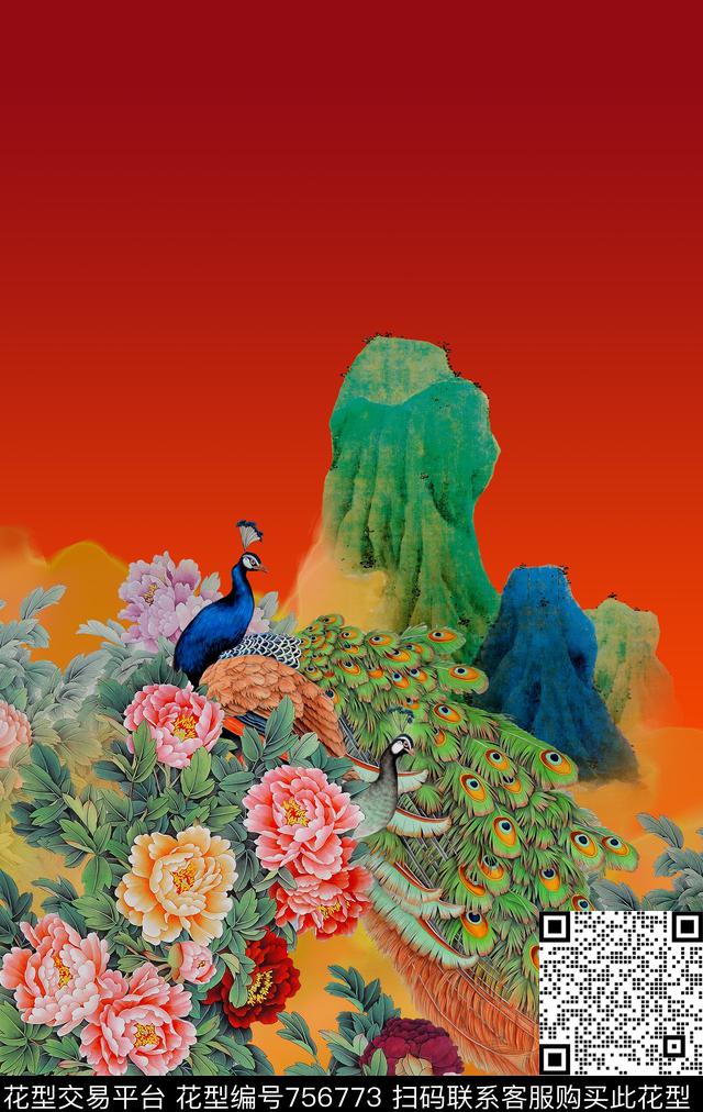 中国风孔雀牡丹数码印花华亿平台下载（图片编号: 756773） - 瓦栏（Walan）