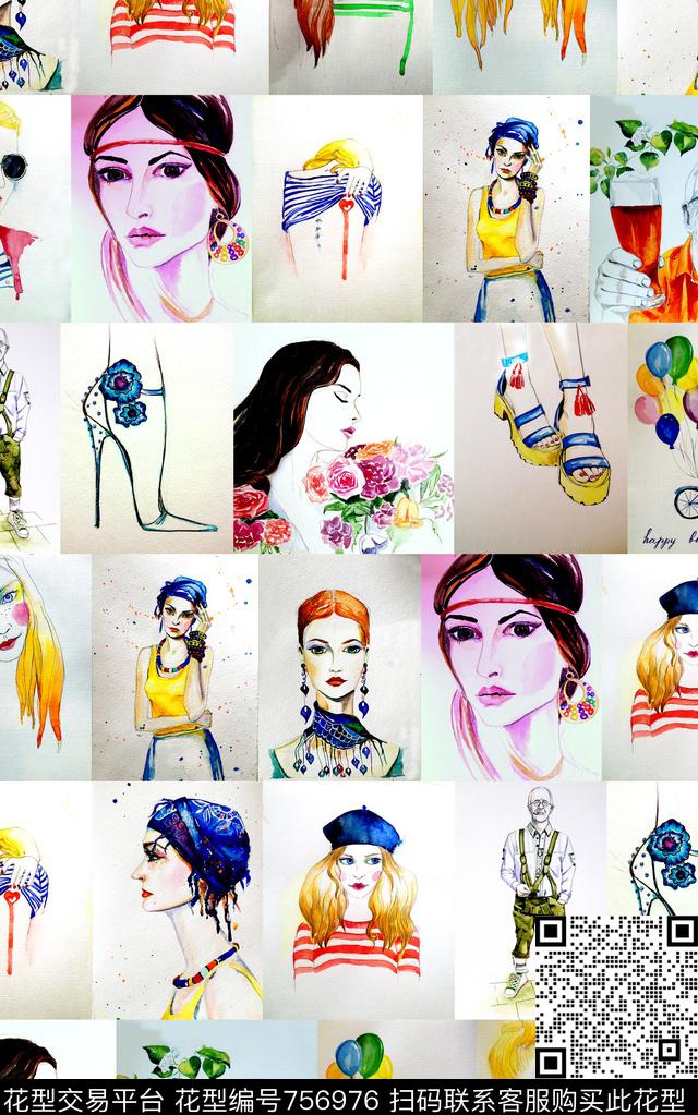 时尚手绘人物头像数码印花华亿平台下载（图片编号: 756976） - 瓦栏（Walan）