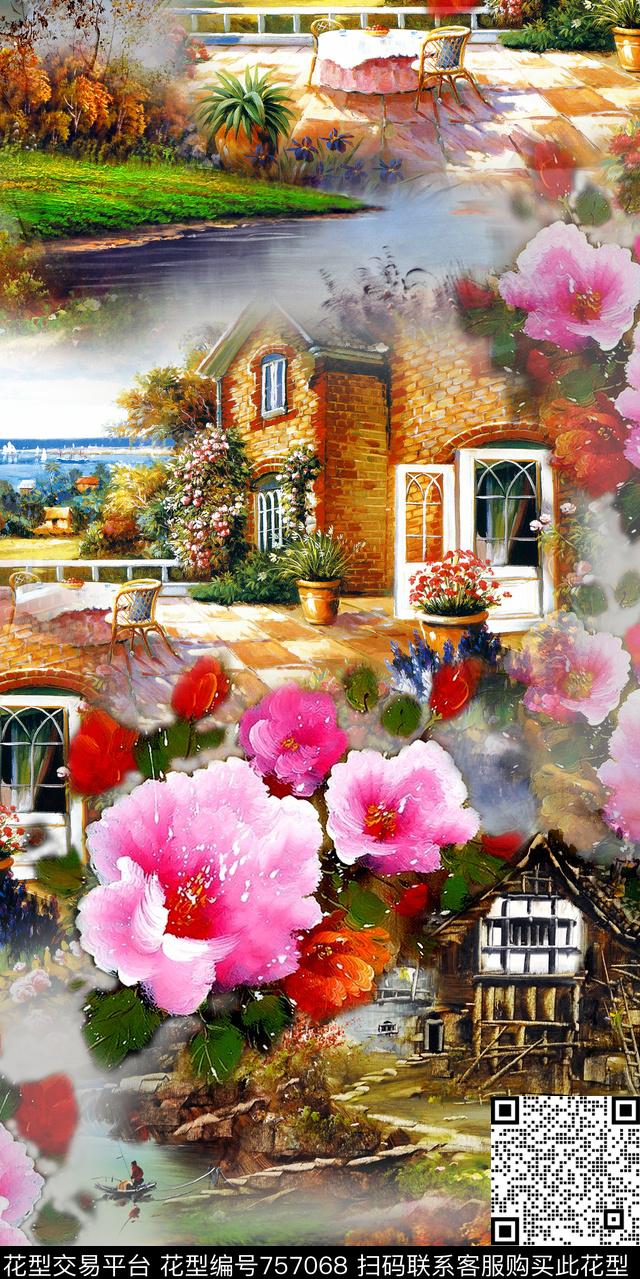 小屋花卉风景数码印花华亿平台下载（图片编号: 757068） - 瓦栏（Walan）