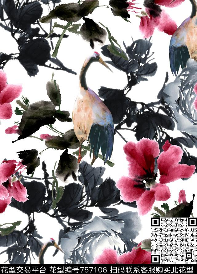 丝巾女装家纺水墨花卉数码印花华亿平台下载（图片编号: 757106） - 瓦栏（Walan）