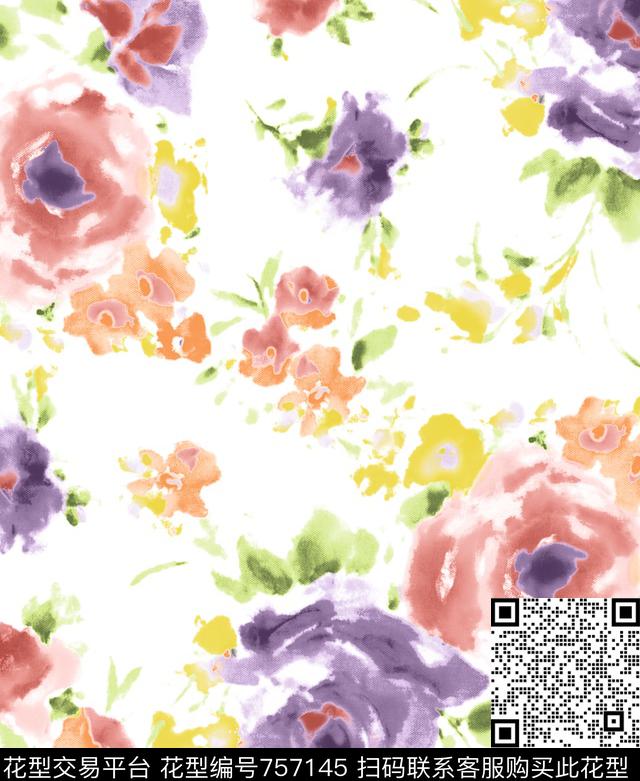 水彩花大花牡丹传统印花华亿平台下载（图片编号: 757145） - 瓦栏（Walan）