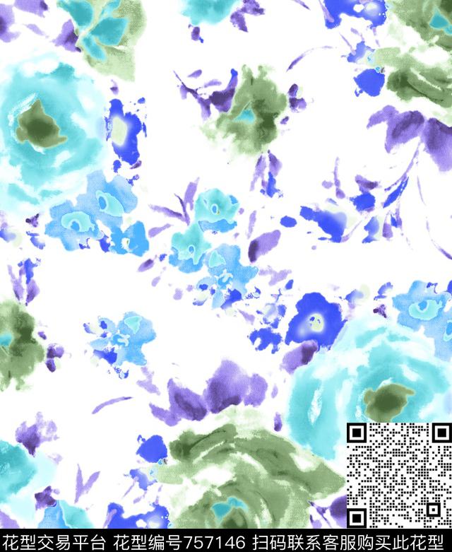 水彩花大花牡丹传统印花华亿平台下载（图片编号: 757146） - 瓦栏（Walan）