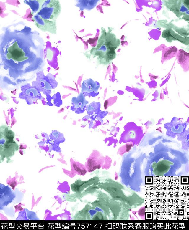 水彩花大花牡丹传统印花华亿平台下载（图片编号: 757147） - 瓦栏（Walan）