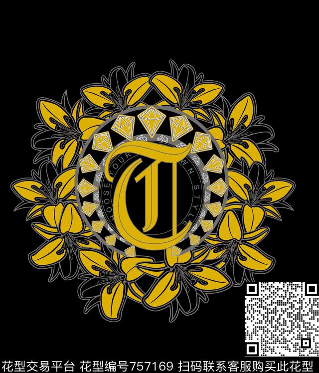 胸花图案大牌风胸前独幅数码印花华亿平台下载（图片编号: 757169） - 瓦栏（Walan）