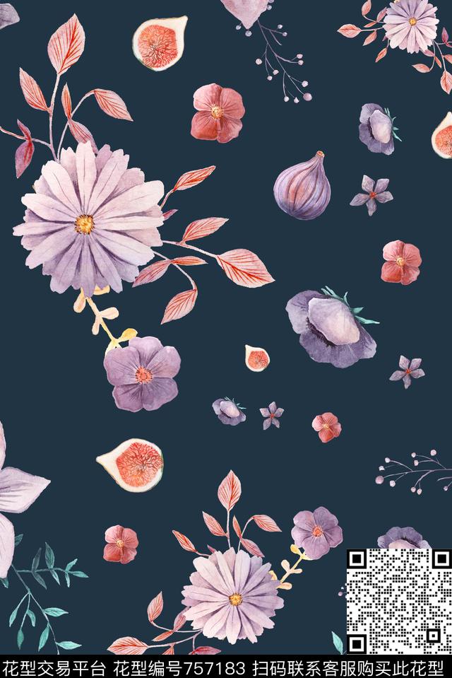 手绘水彩花卉数码印花华亿平台下载（图片编号: 757183） - 瓦栏（Walan）