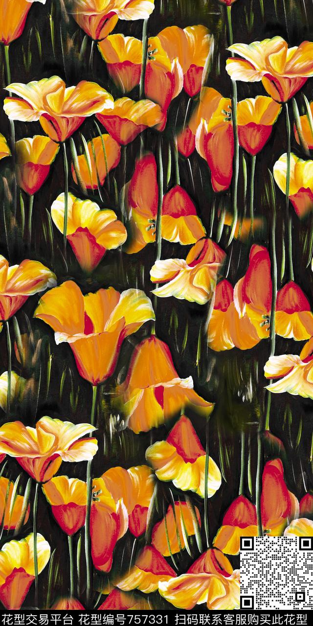 抽象花卉水彩数码印花华亿平台下载（图片编号: 757331） - 瓦栏（Walan）