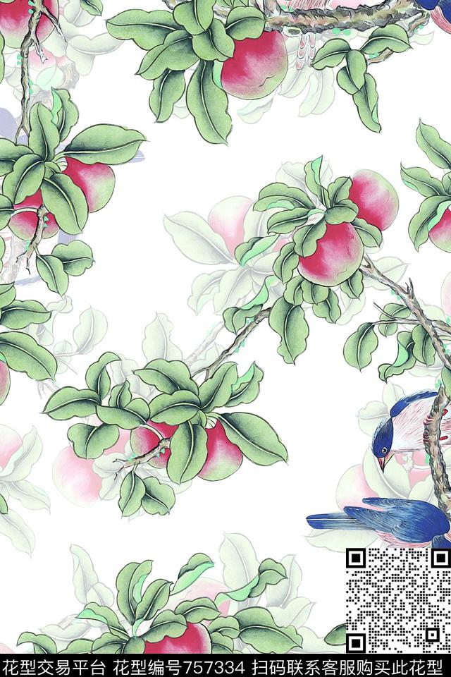 中国风花鸟写意表达手法枝叶数码印花华亿平台下载（图片编号: 757334） - 瓦栏（Walan）