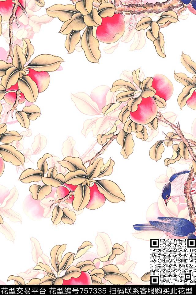 中国风花鸟写意表达手法枝叶数码印花华亿平台下载（图片编号: 757335） - 瓦栏（Walan）