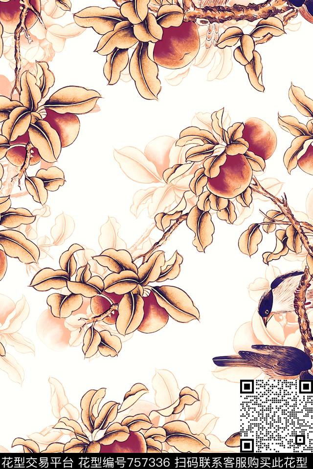 中国风花鸟写意表达手法枝叶数码印花华亿平台下载（图片编号: 757336） - 瓦栏（Walan）