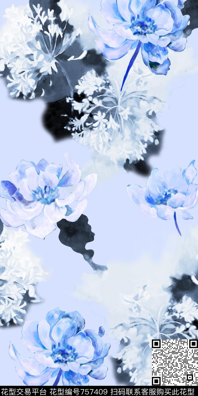 水墨画荷花素雅数码印花华亿平台下载（图片编号: 757409） - 瓦栏（Walan）