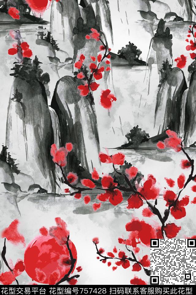 水墨画中国风山水画数码印花华亿平台下载（图片编号: 757428） - 瓦栏（Walan）