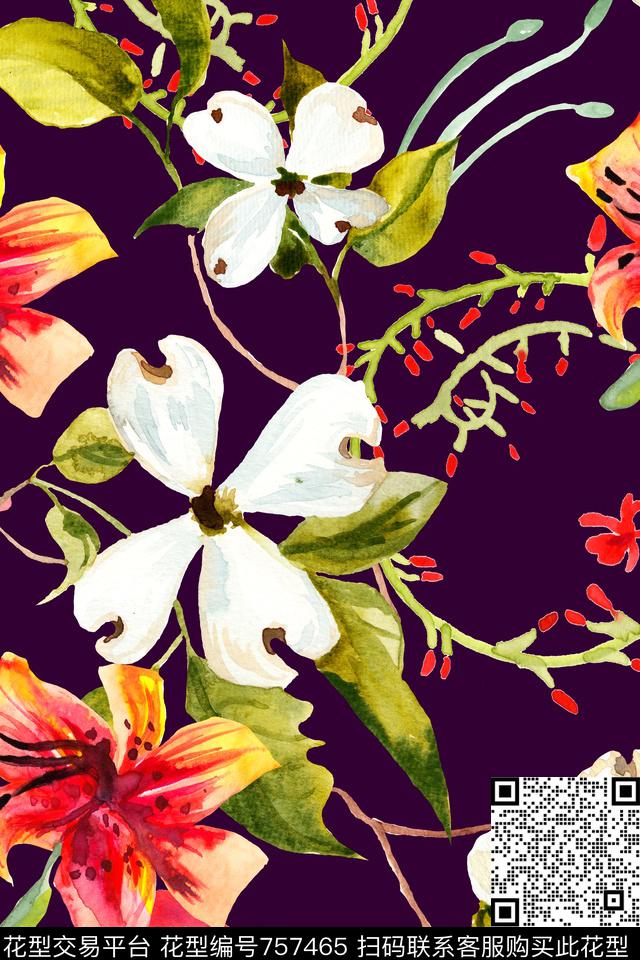 时尚手绘水彩数码印花华亿平台下载（图片编号: 757465） - 瓦栏（Walan）