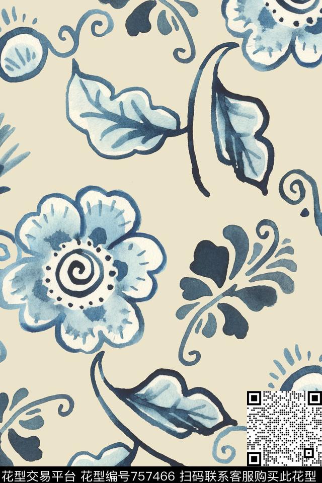 时尚手绘水彩数码印花华亿平台下载（图片编号: 757466） - 瓦栏（Walan）