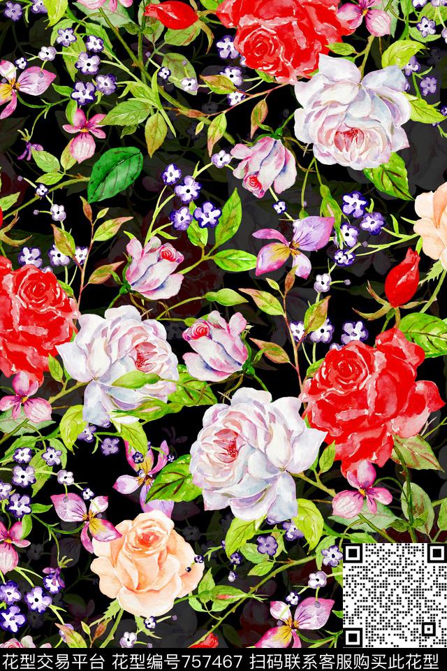 时尚手绘水彩数码印花华亿平台下载（图片编号: 757467） - 瓦栏（Walan）