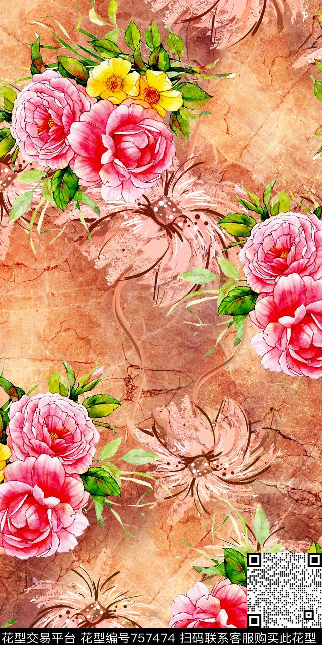 乱花大花花朵数码印花华亿平台下载（图片编号: 757474） - 瓦栏（Walan）