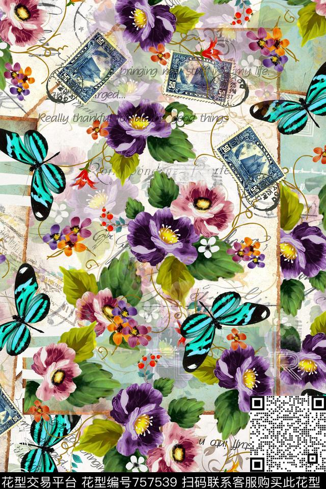花卉华亿平台蝴蝶数码印花华亿平台下载（图片编号: 757539） - 瓦栏（Walan）