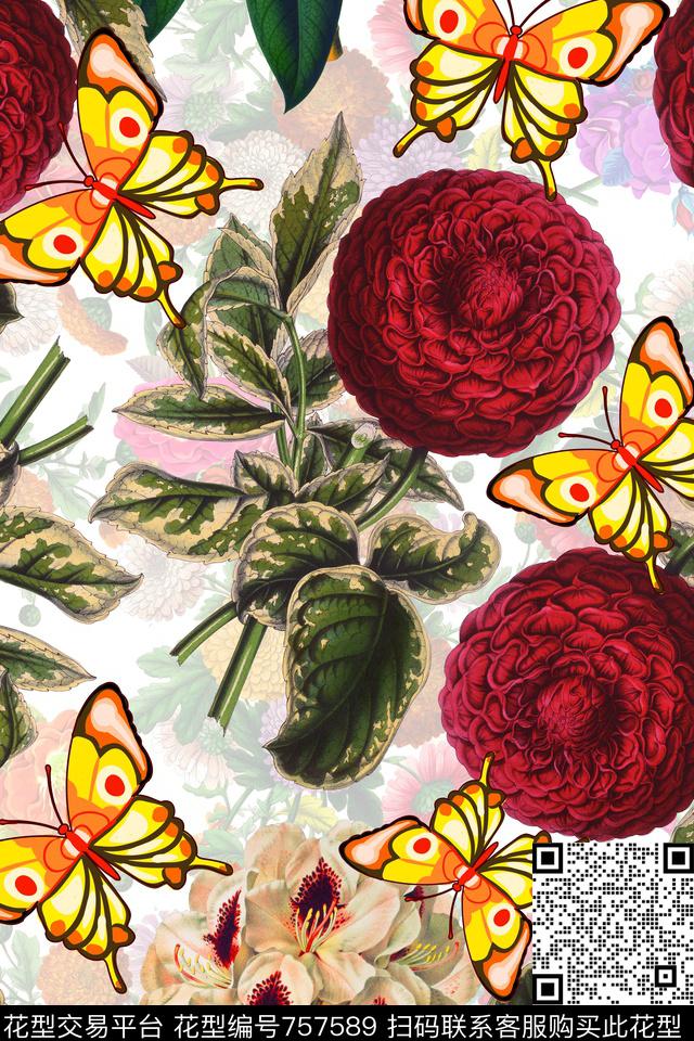 花卉华亿平台蝴蝶数码印花华亿平台下载（图片编号: 757589） - 瓦栏（Walan）