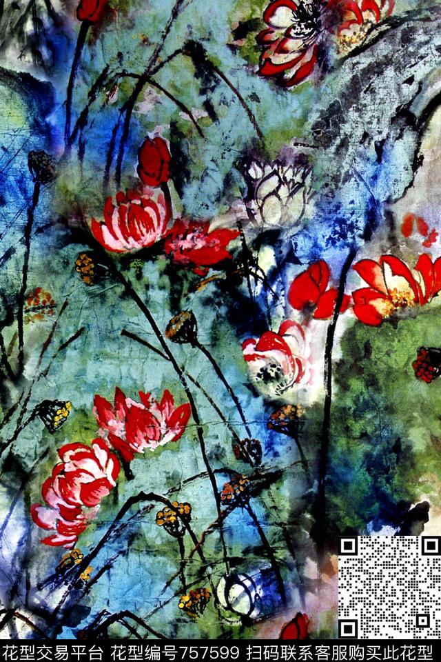 抽象中国风荷花数码印花华亿平台下载（图片编号: 757599） - 瓦栏（Walan）