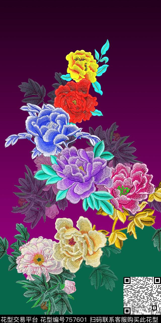 中国风绣花牡丹数码印花华亿平台下载（图片编号: 757601） - 瓦栏（Walan）
