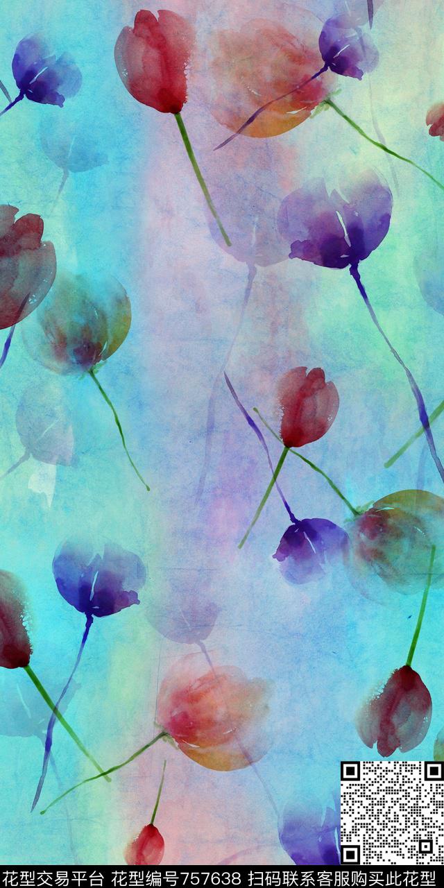 花朵花卉水彩花卉数码印花华亿平台下载（图片编号: 757638） - 瓦栏（Walan）