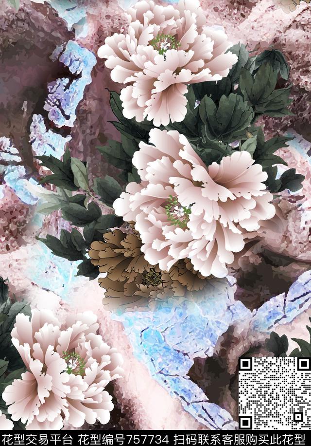 肌理花卉丝巾女装家纺数码印花华亿平台下载（图片编号: 757734） - 瓦栏（Walan）