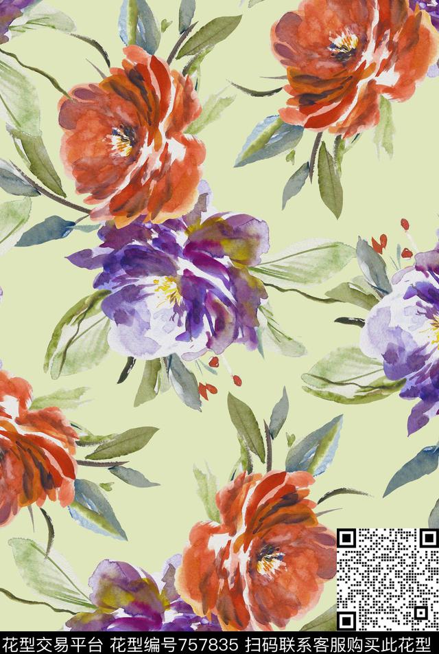 手绘水彩花卉花叶数码印花华亿平台下载（图片编号: 757835） - 瓦栏（Walan）