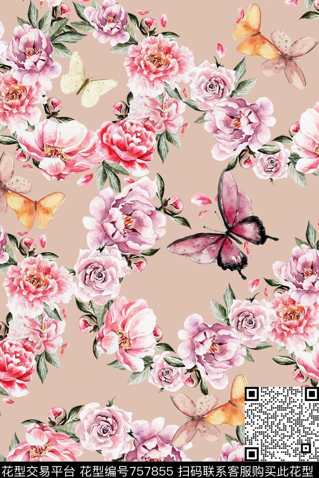 手绘水彩浪漫花卉数码印花华亿平台下载（图片编号: 757855） - 瓦栏（Walan）