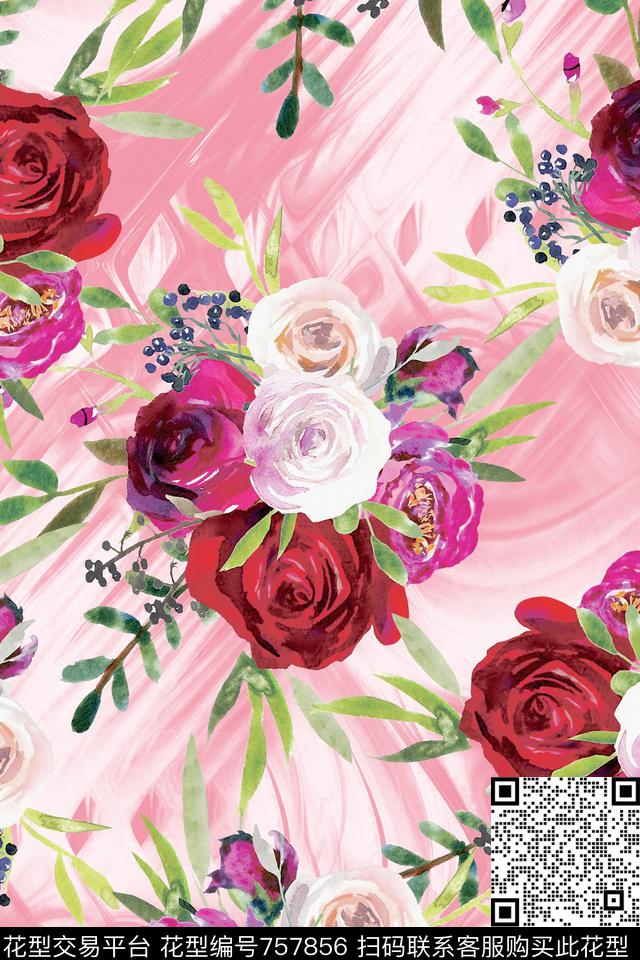 手绘水彩浪漫花卉数码印花华亿平台下载（图片编号: 757856） - 瓦栏（Walan）