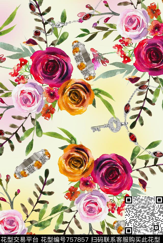 手绘水彩浪漫花卉数码印花华亿平台下载（图片编号: 757857） - 瓦栏（Walan）
