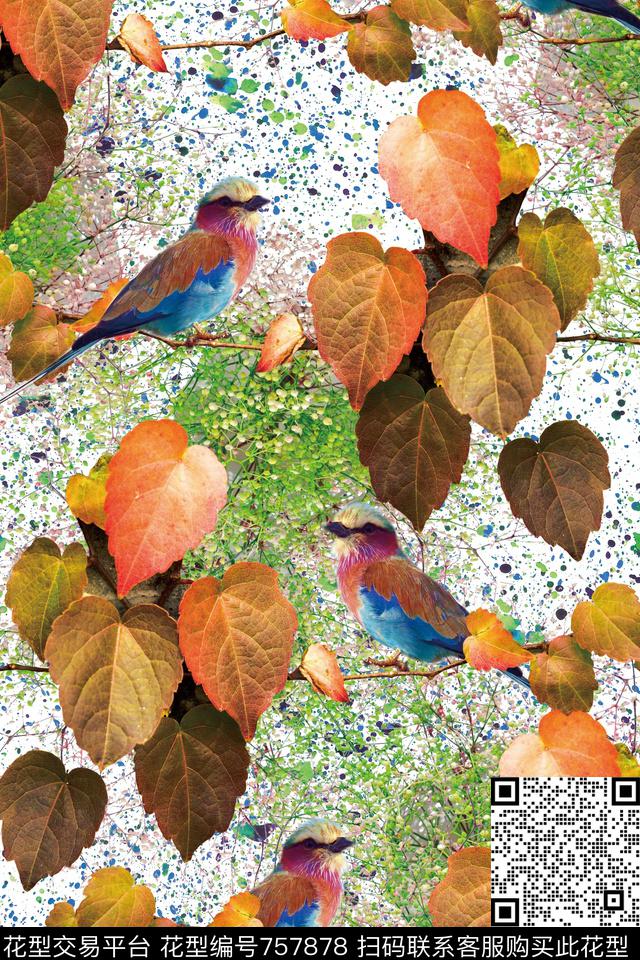 秋天树叶鸟数码印花华亿平台下载（图片编号: 757878） - 瓦栏（Walan）
