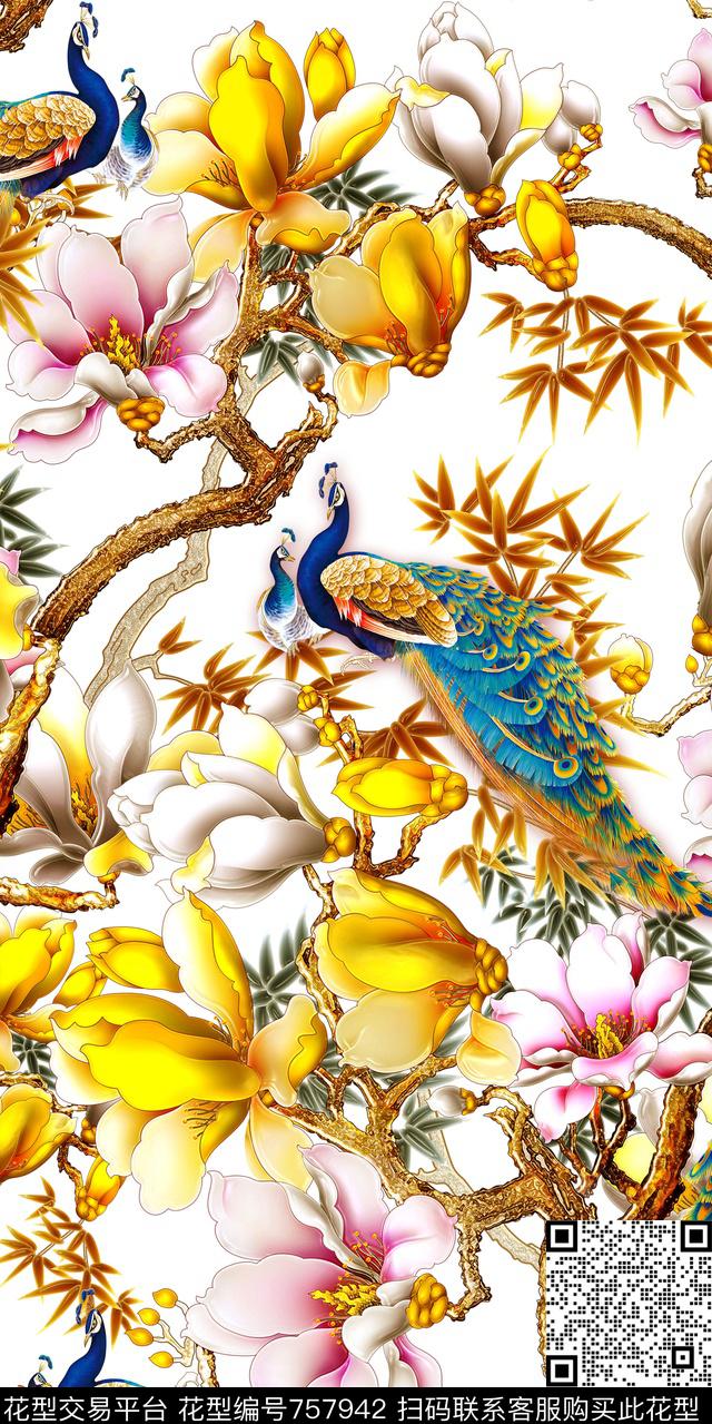 孔雀羽毛玉兰花花鸟数码印花华亿平台下载（图片编号: 757942） - 瓦栏（Walan）