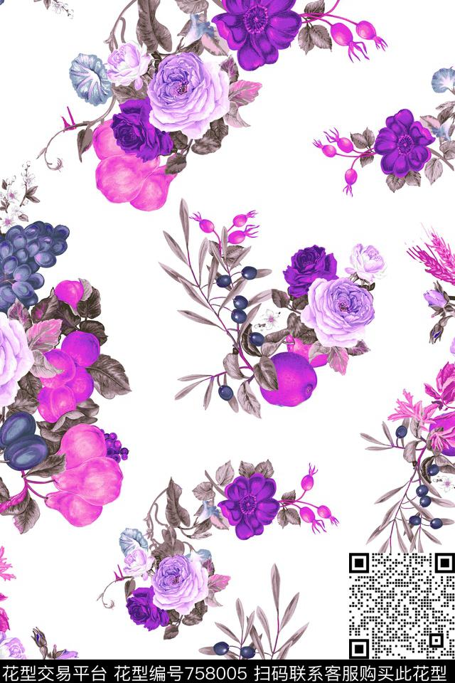 大花花朵花卉数码印花华亿平台下载（图片编号: 758005） - 瓦栏（Walan）