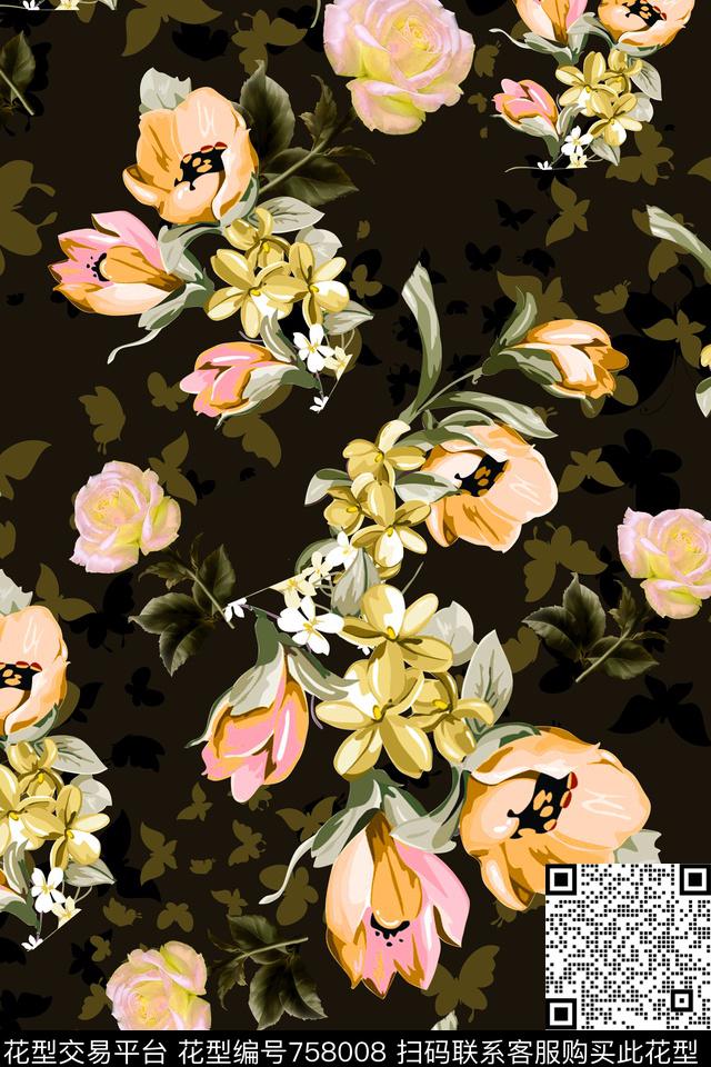 大花花朵花卉传统印花华亿平台下载（图片编号: 758008） - 瓦栏（Walan）