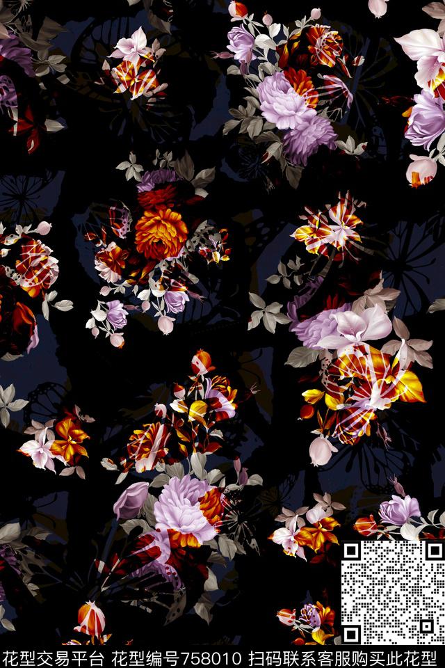 大花花朵花卉数码印花华亿平台下载（图片编号: 758010） - 瓦栏（Walan）