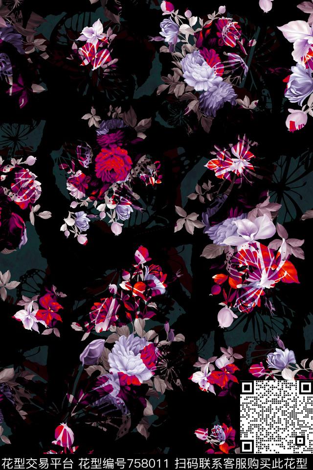 大花花朵花卉数码印花华亿平台下载（图片编号: 758011） - 瓦栏（Walan）