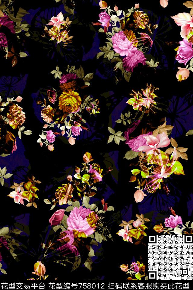 大花花朵花卉数码印花华亿平台下载（图片编号: 758012） - 瓦栏（Walan）